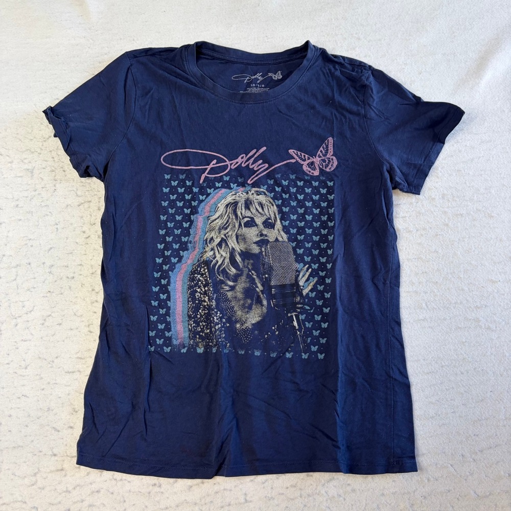 Dolly Parton Graphic T-Shirt Womens Large Navy Blue Butterfly Country Music